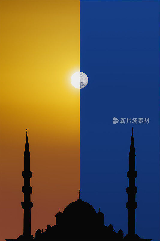 剪影伊斯兰清真寺的背景日与太阳冲洗和夜晚与月亮在天空
