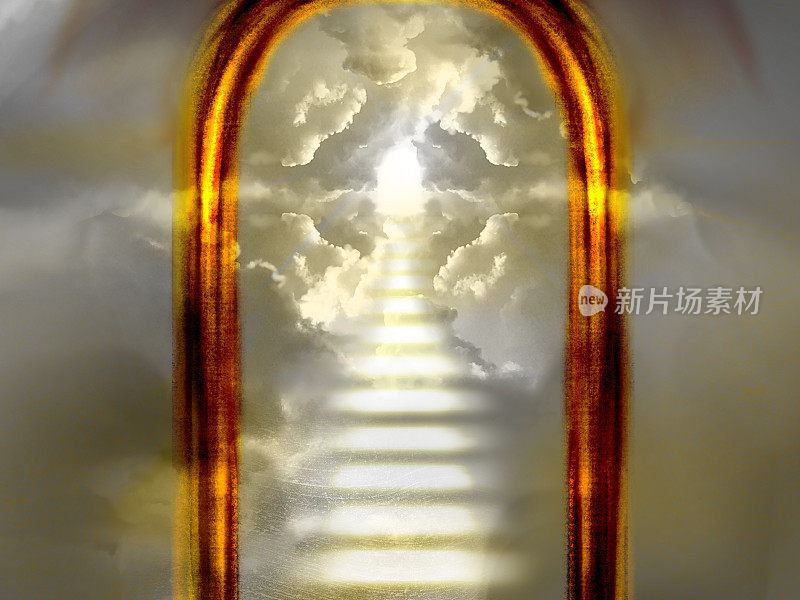 在通往天堂的神秘大门之外，神圣的光从天空中照耀，穿过云海的缺口。