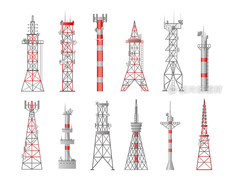 通信塔。移动和无线电信号由天线、网络通信、5g天线、电话和电视卫星站发出。互联网技术。向量设计孤立集