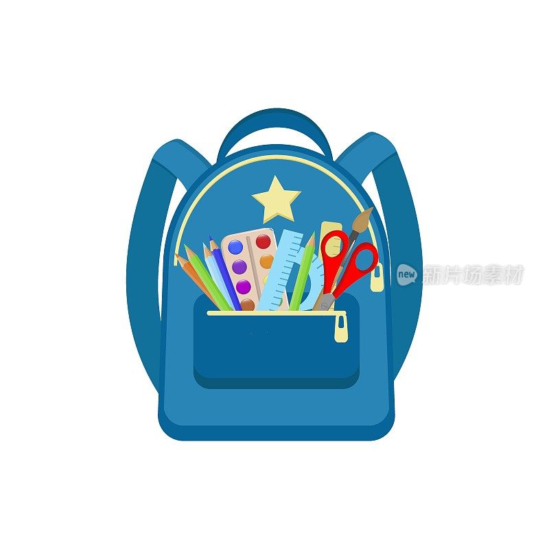 颜色的背包。教育，书包行李，背包。孩子的书包里装着教育设备。