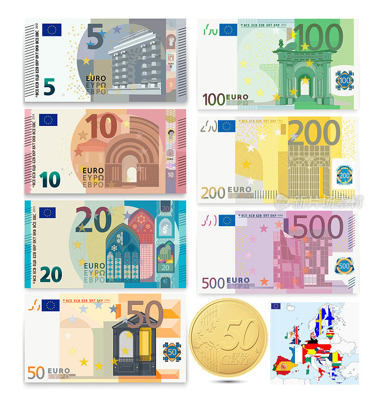 欧元纸币。钱的硬币。矢量插图。