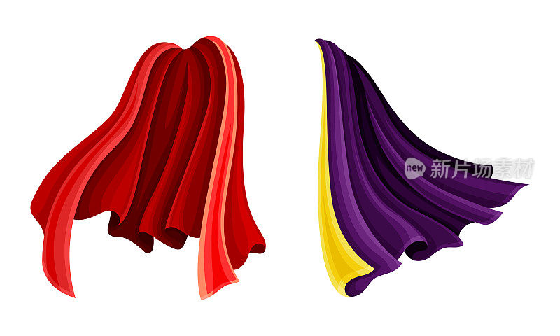 红色和紫色的飞行斗篷设置。丝绸狂欢节斗篷，服装的超级英雄或吸血鬼卡通矢量插图