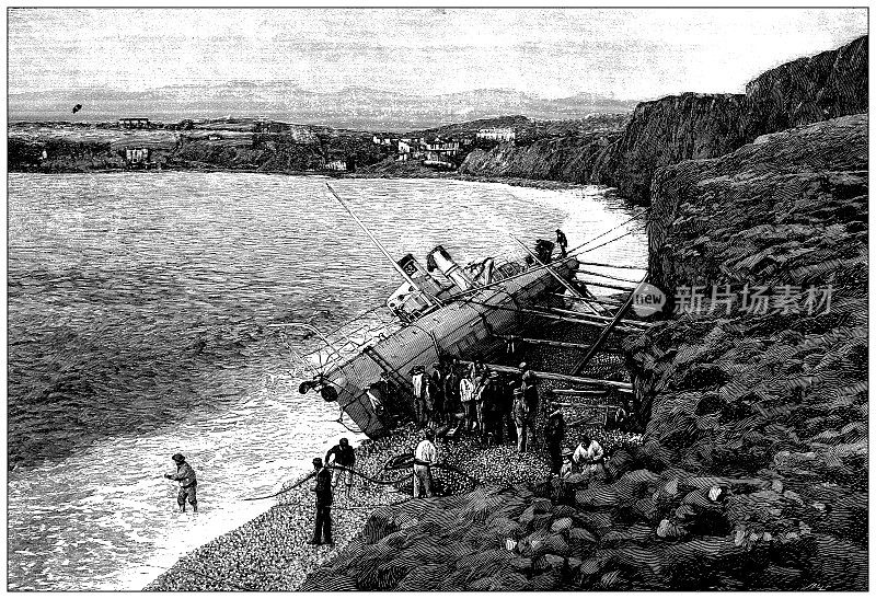 古董插图:168号鱼雷艇搁浅，萨纳里，土伦附近