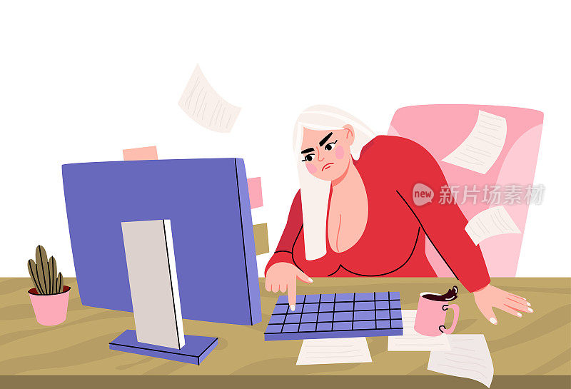 生气的女孩看着监视器。一个女人在电脑前工作，生气地用手指戳着键盘。上班族。