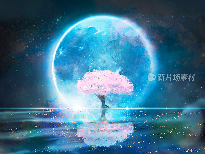 蓝色的满月和樱花在水面上盛开的幻想背景风景插图。