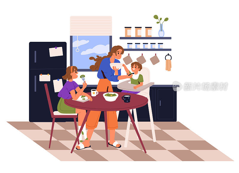 母亲，护士，保姆在厨房喂孩子。日托,保姆。妈妈和孩子在吃饭。平面向量插图。