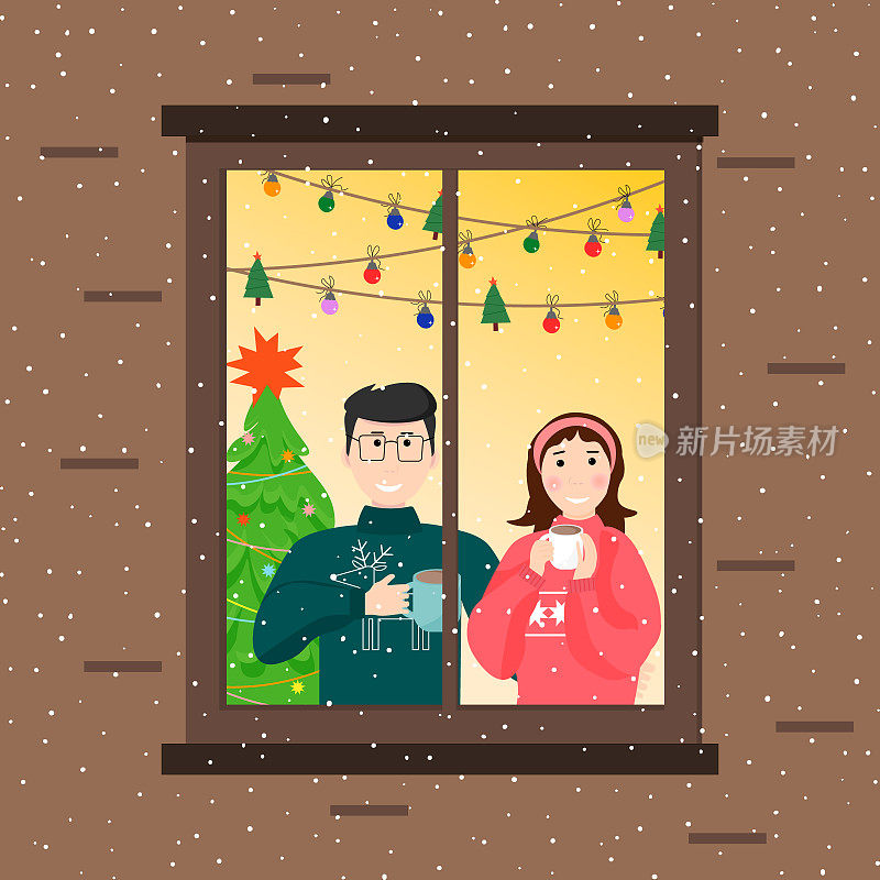 一男一女站在窗前。冬天的矢量图。为新年和圣诞节做准备。装饰圣诞树和花环。