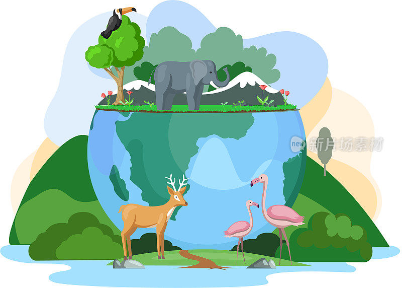 绿色的地球生态系统。大象，鹿，巨嘴鸟和火烈鸟。世界动物日旗帜