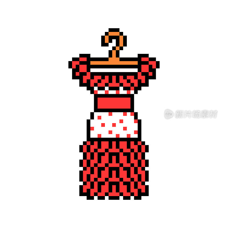 像素艺术符号的红色西班牙弗拉门戈服装与褶皱挂钩孤立在白色背景。女性时装偶像。舞蹈服装。复古复古8位老虎机，视频游戏图形