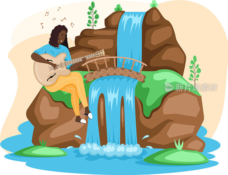 女人坐在大石头上弹吉他，旁边是岩石和瀑布，休息在自然景观