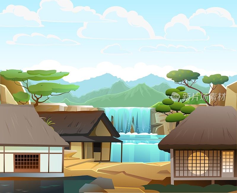 传统的日本房子。以瀑布为背景。小村庄。茅草屋顶的乡村住宅。说明向量。