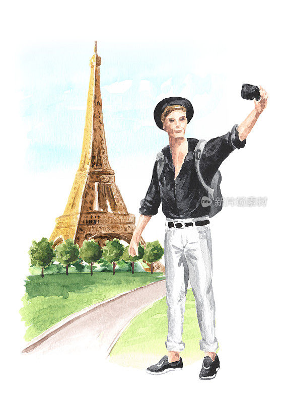 与巴黎埃菲尔铁塔自拍。欢迎来法国旅游卡概念。手绘水彩插图孤立在白色背景
