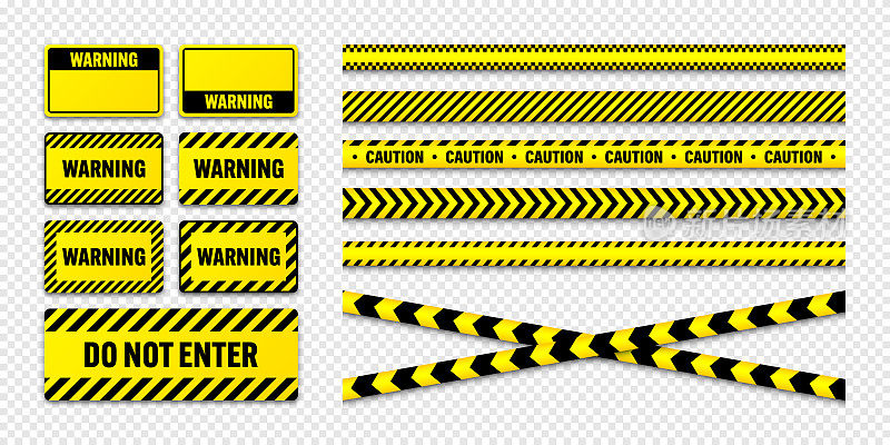 各种路障施工胶带和警告盾牌。黄色警戒线，鲜艳的危险或危险条纹，缎带。禁区，禁区。注意符号。矢量图