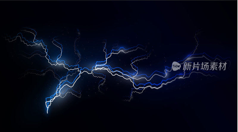 浅蓝色孤立矢量闪电png。神奇的光抽象的线条。逼真的自然闪电霓虹效果，黑色透明背景。