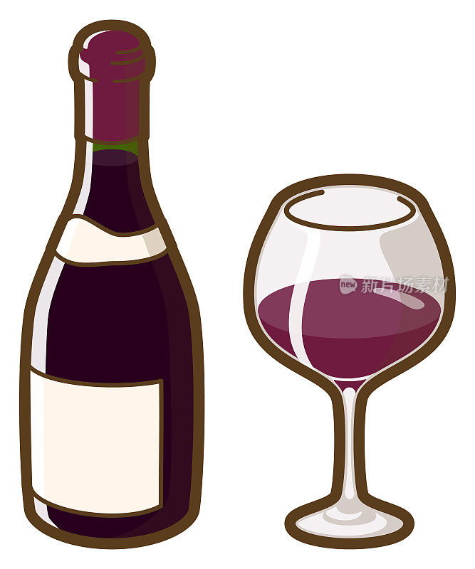 红酒。酒红色的瓶子和玻璃杯。