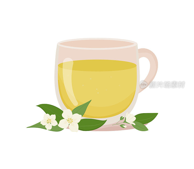 一杯茉莉花茶。透明杯与茶和花卉装饰。热饮。医疗保健。顺势疗法治疗。矢量图