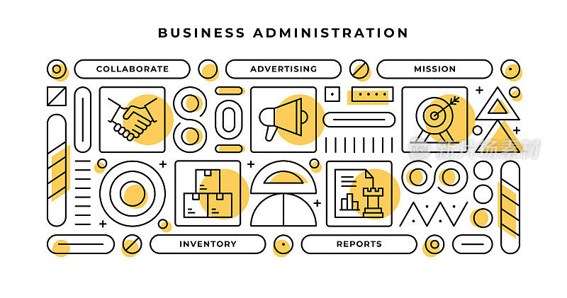 工商管理信息图概念与几何形状和协作，广告，任务，报告线图标