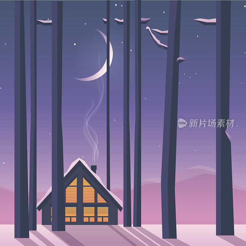 冬季风景优美的小木屋在高高的森林里