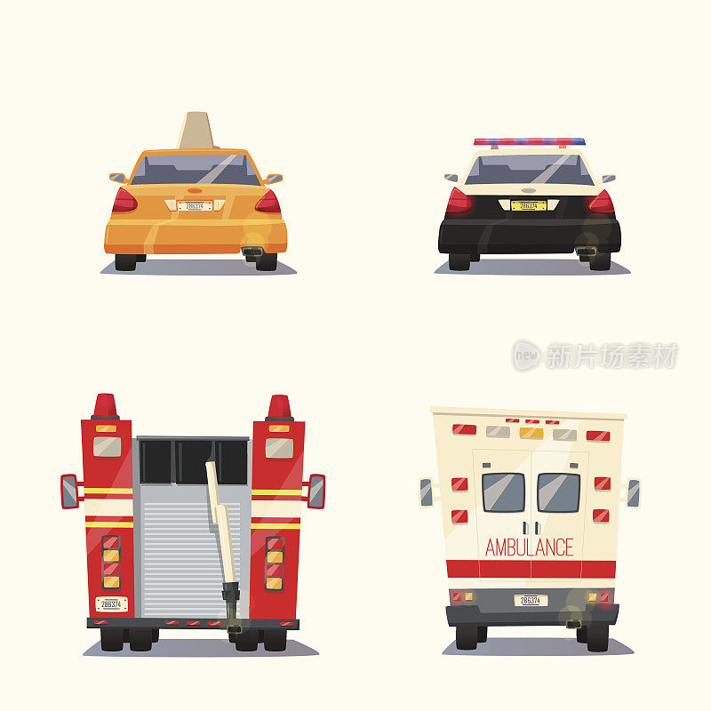 警察，出租车，救护车和消防车。向量的卡通插图