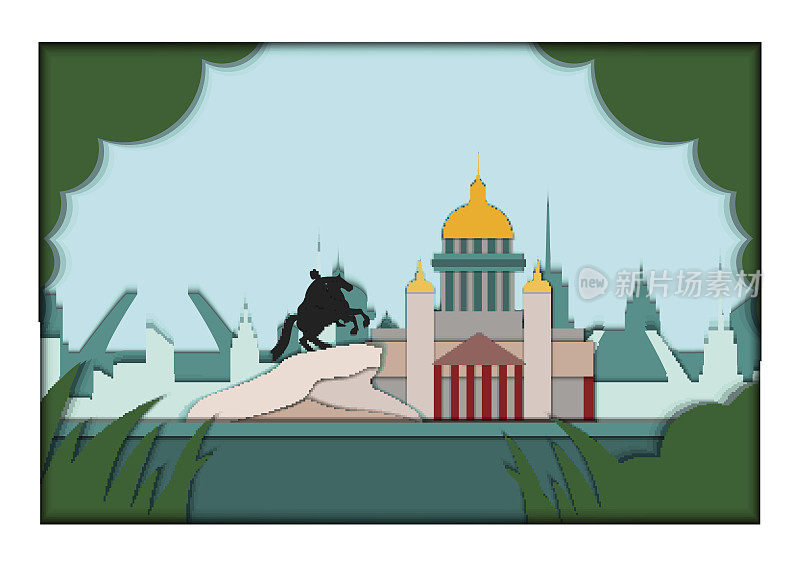 纸贴花风格矢量插图。卡与应用圣彼得堡波光图与纪念碑彼得伟大的铜骑士和圣以撒大教堂。明信片
