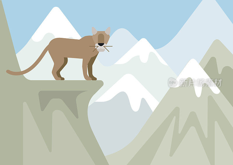 美洲狮山猫冬季山地景观栖息地平面设计卡通野生动物载体。平动物园自然儿童收藏。