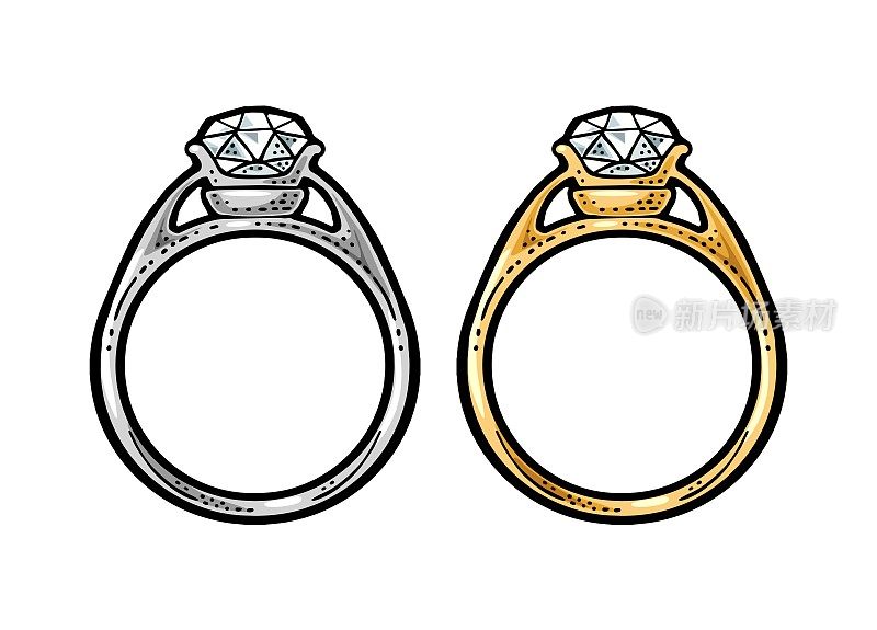 黄金和铂金戒指与钻石。复古色矢量雕刻