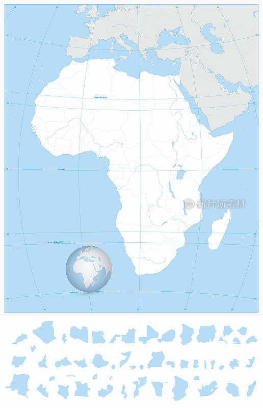 高度详细的空白轮廓非洲地图