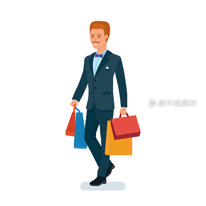 男人穿着漂亮的西装，商人，从商店拿着很多包，购物后，从购物中心