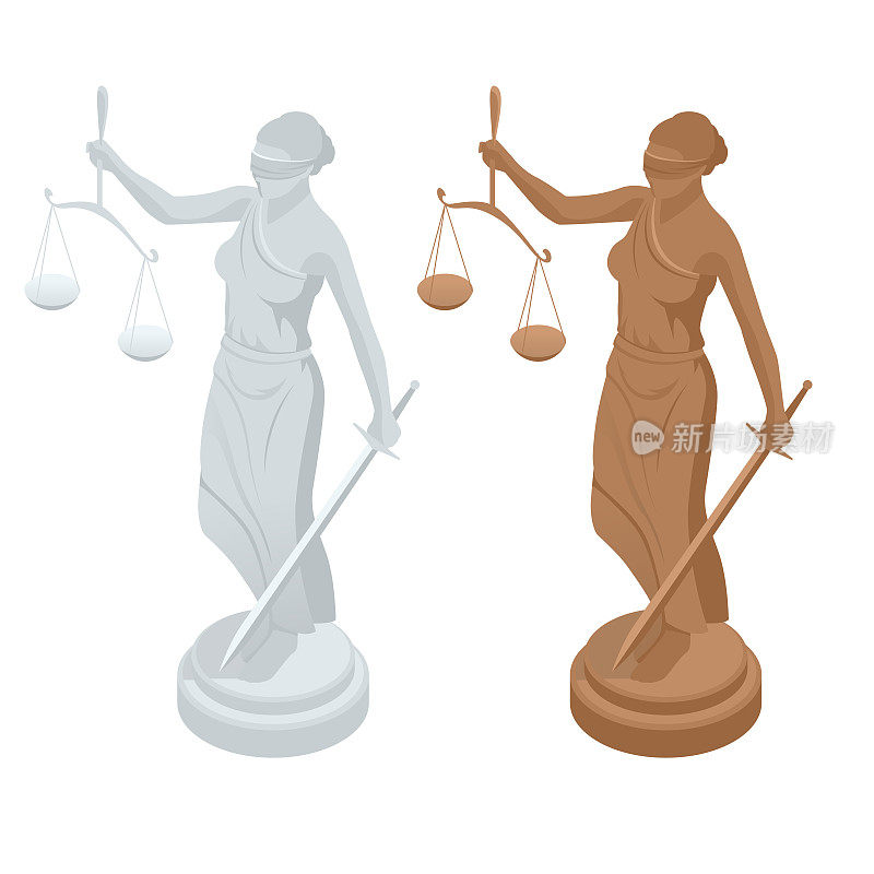 正义之神忒弥斯或费米达的等距雕像，有天平和剑。象征着法律和正义。平面图标矢量插图。