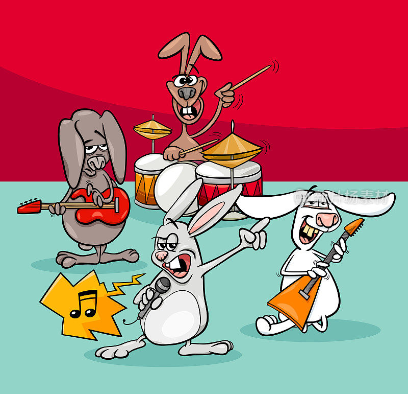 兔子摇滚音乐家乐队卡通插图