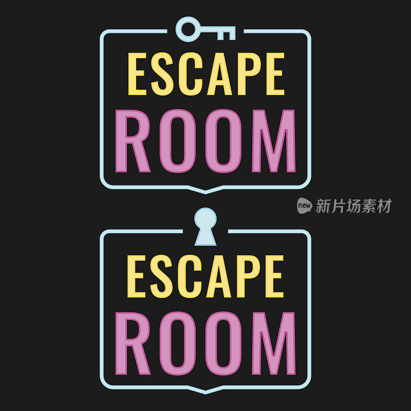 逃离房间。两个带有霓虹灯效果的矢量徽章。插图上的黑色背景。