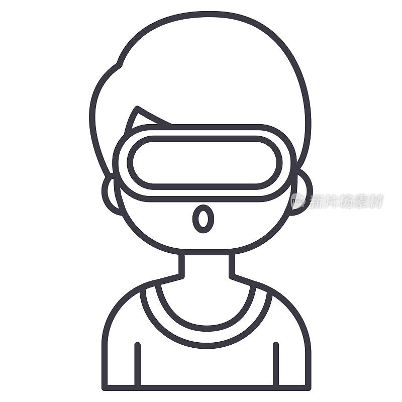 虚拟现实，人与3d眼镜矢量线图标，标志，插图背景，可编辑的笔触