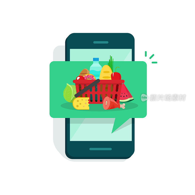 手机屏幕上的食品矢量插图，平板卡通食品杂货店内的智能手机通知，手机送餐理念，在线送餐app隔离现代设计