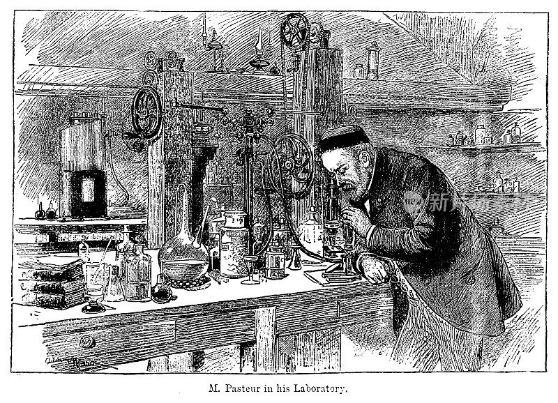 19世纪路易·巴斯德在实验室工作时的版画;1890年，维多利亚时代的科学家和他们的发现