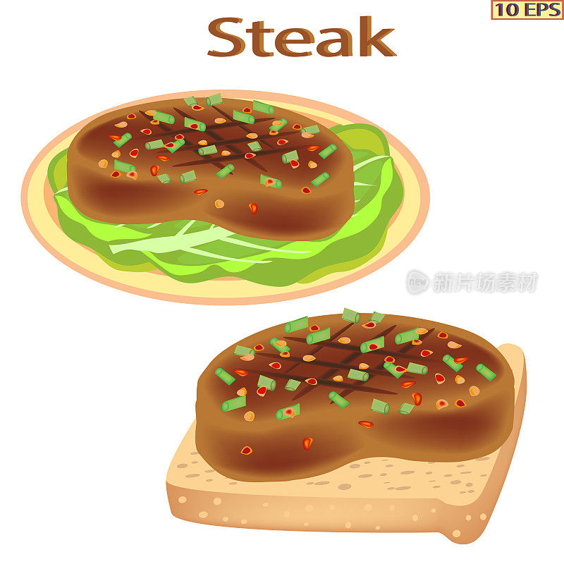 烤肉丸。烤牛排配青菜和番茄在盘子里。炒肉片。片和面包。向量。