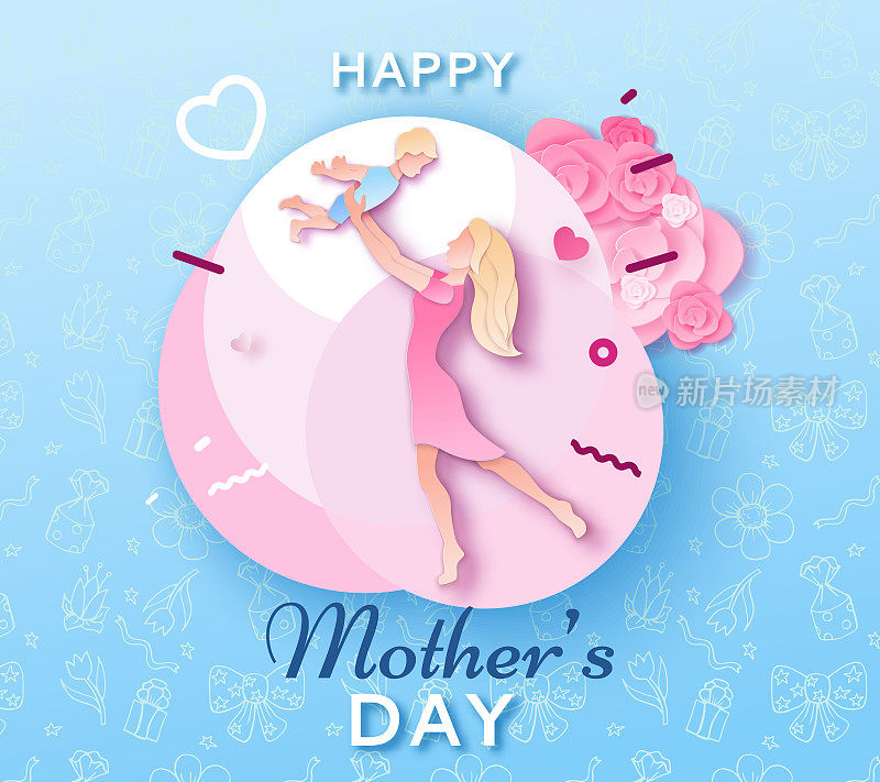母亲节折纸艺术贺卡时尚风格与框架，图案，鲜花，妇女抱着婴儿儿子剪影。彩色雕刻矢量插图