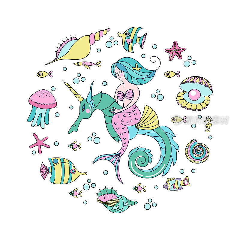 美人鱼,神话生物。美人鱼骑着海马。周围有海鱼、贝壳、水母。矢量插图。孤立在白色背景上。