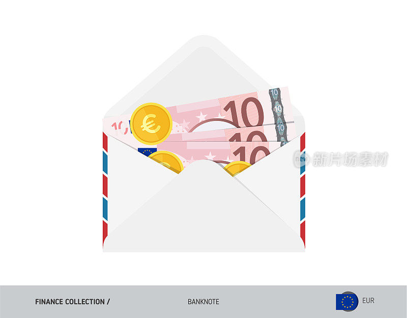 10欧元钞票。装着现金的扁平式信封。欧元纸币和硬币。工资支付或腐败的概念。