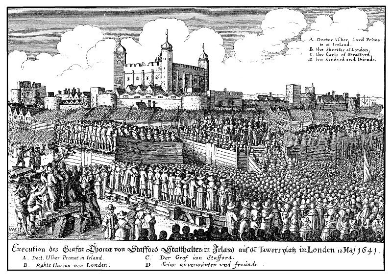 1641年5月12日，一大群人在伦敦塔观看斯特拉福德伯爵一世托马斯·温特沃斯的处决
