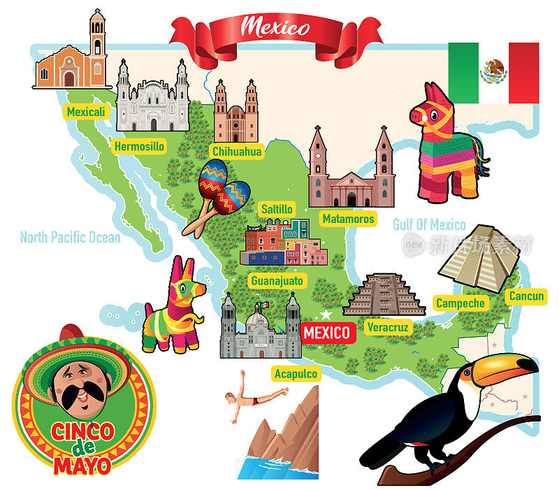 墨西哥，旅游地图，卡通地图