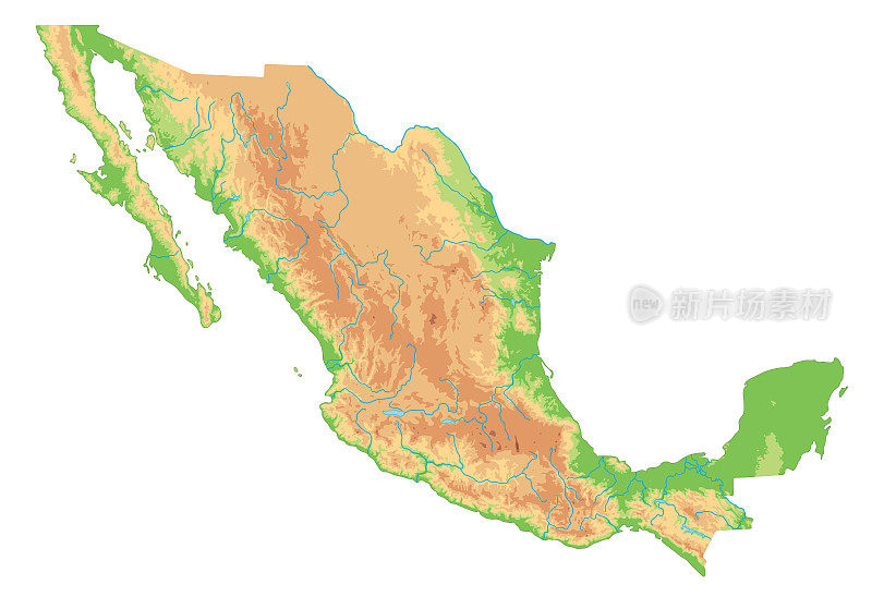 高详细的墨西哥物理地图。