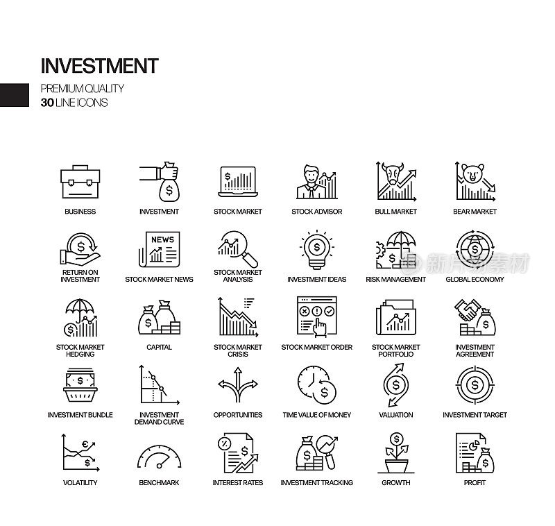 简单的投资相关的矢量线图标。大纲符号集合