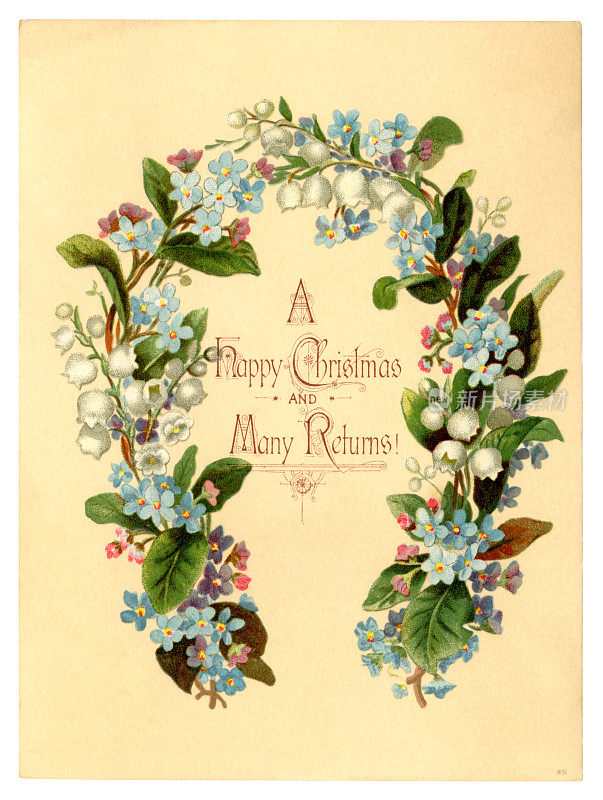 维多利亚时代的圣诞卡，带有勿忘我花环和铃兰，1881年