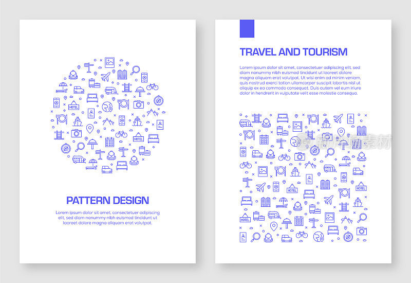 一套旅游和旅游图标矢量图案设计的小册子，年度报告，书封面。
