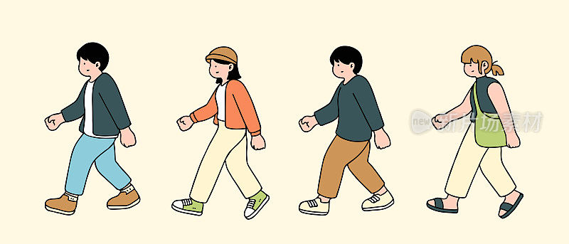 一幅插图展示了走在街上的人的性格。年轻的女孩和男人被描绘在侧面视图中，在白色背景上孤立地行走。