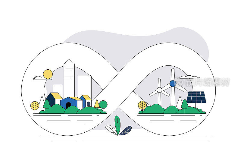 城市和可持续能源，数字八循环符号。环保概念插画。