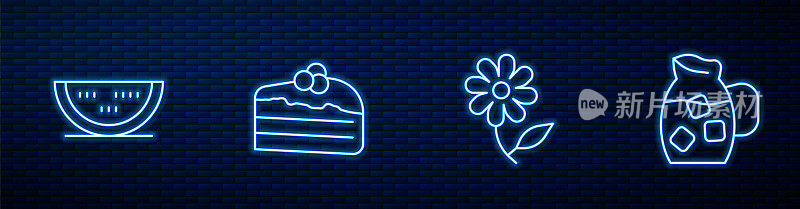 把花、西瓜、蛋糕和水杯放在一起。砖墙上发光的霓虹灯图标。向量