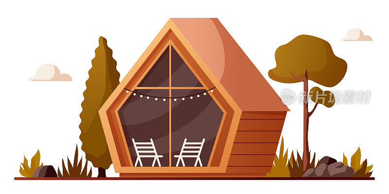 风景与自然中的房子。岩石视图矢量插图与石头，别墅和灌木。为横幅、背景或卡片绘制。豪华小屋，在森林里露营。玻璃和木头小屋