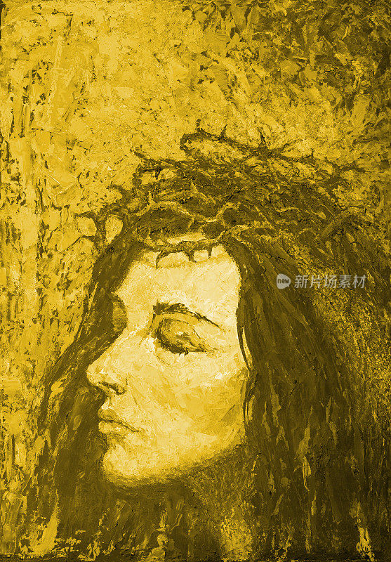 乌克兰象征的插图油画，女人的肖像在荆棘花环上的火黄色背景的战争爆炸