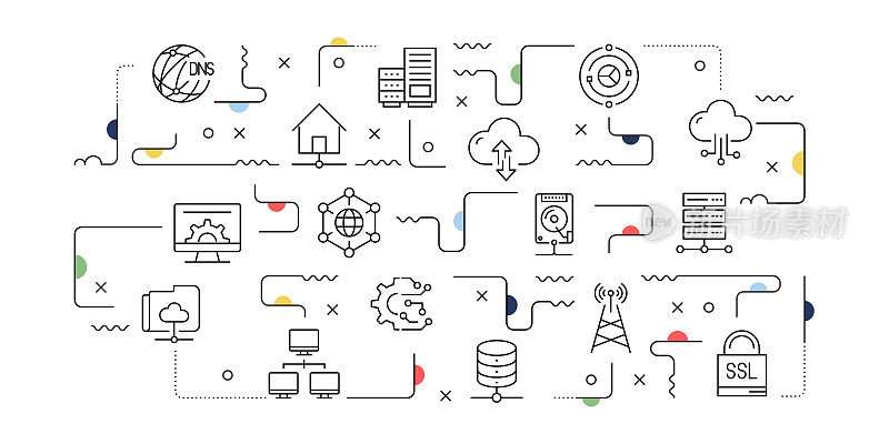 网络技术相关的矢量横幅设计概念，现代线条风格与图标